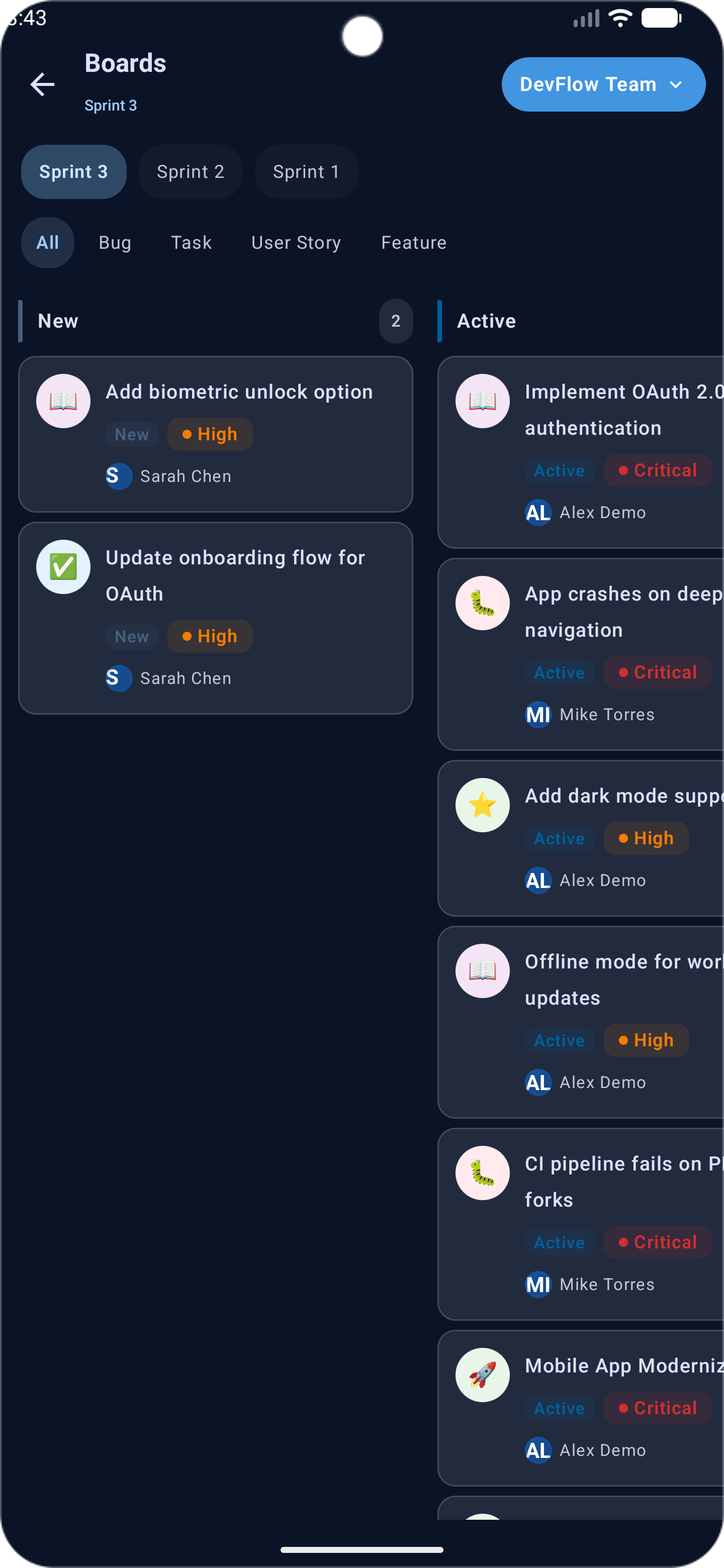 DevFlow Azure DevOps Android app — Kanban board
