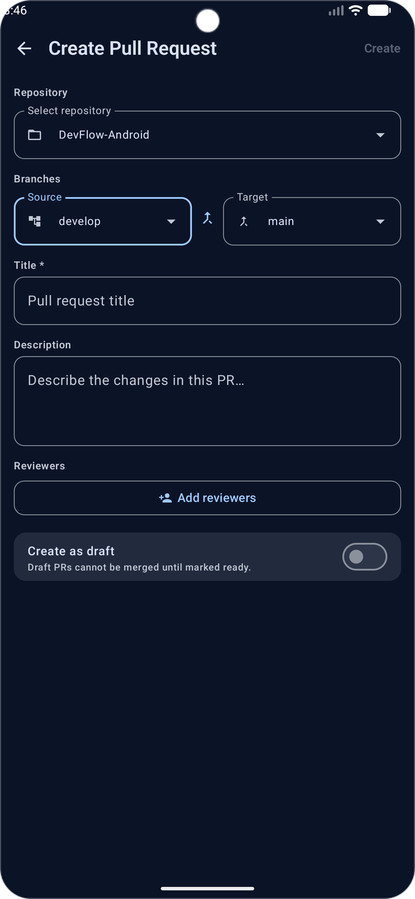 DevFlow Azure DevOps Android app — Pull Request creation