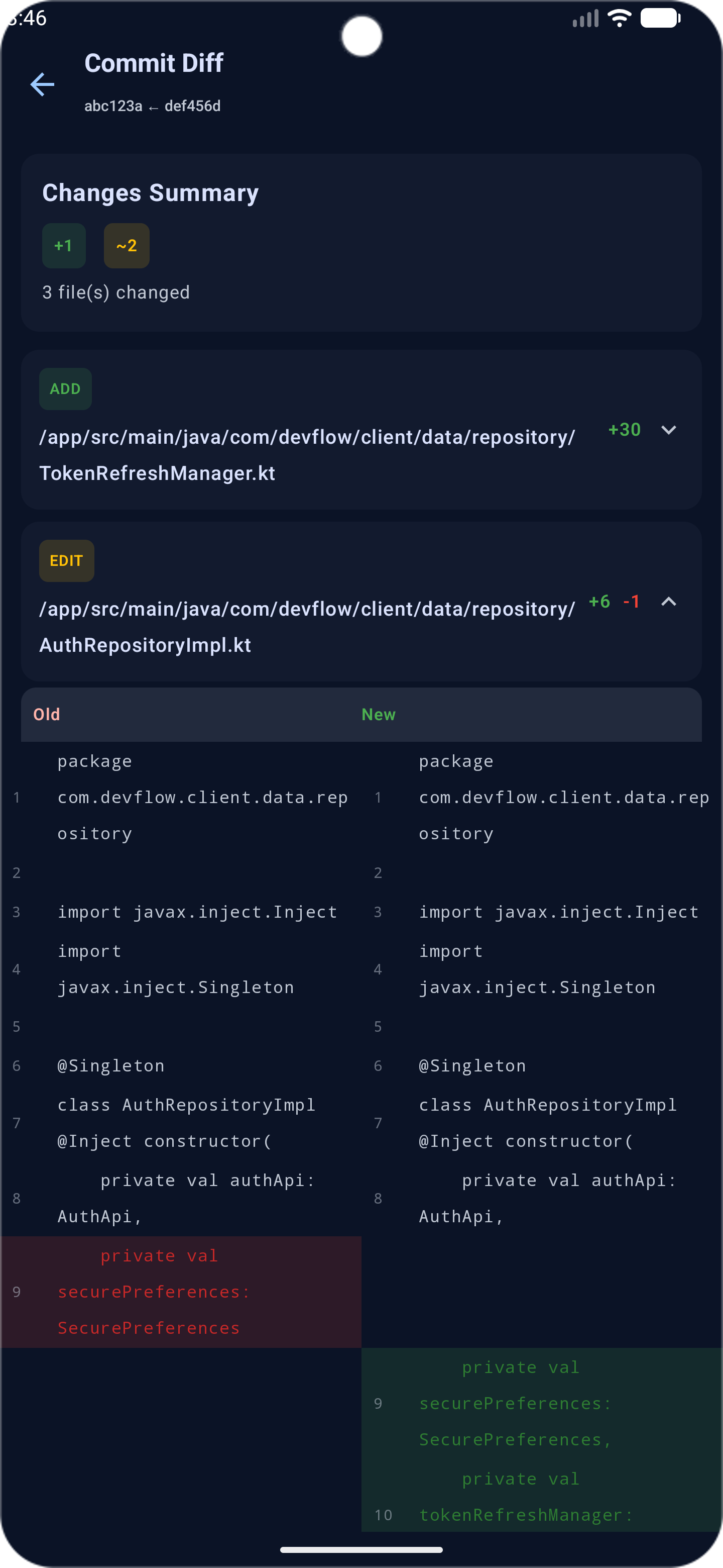 DevFlow Azure DevOps Android app — Repository diff viewer