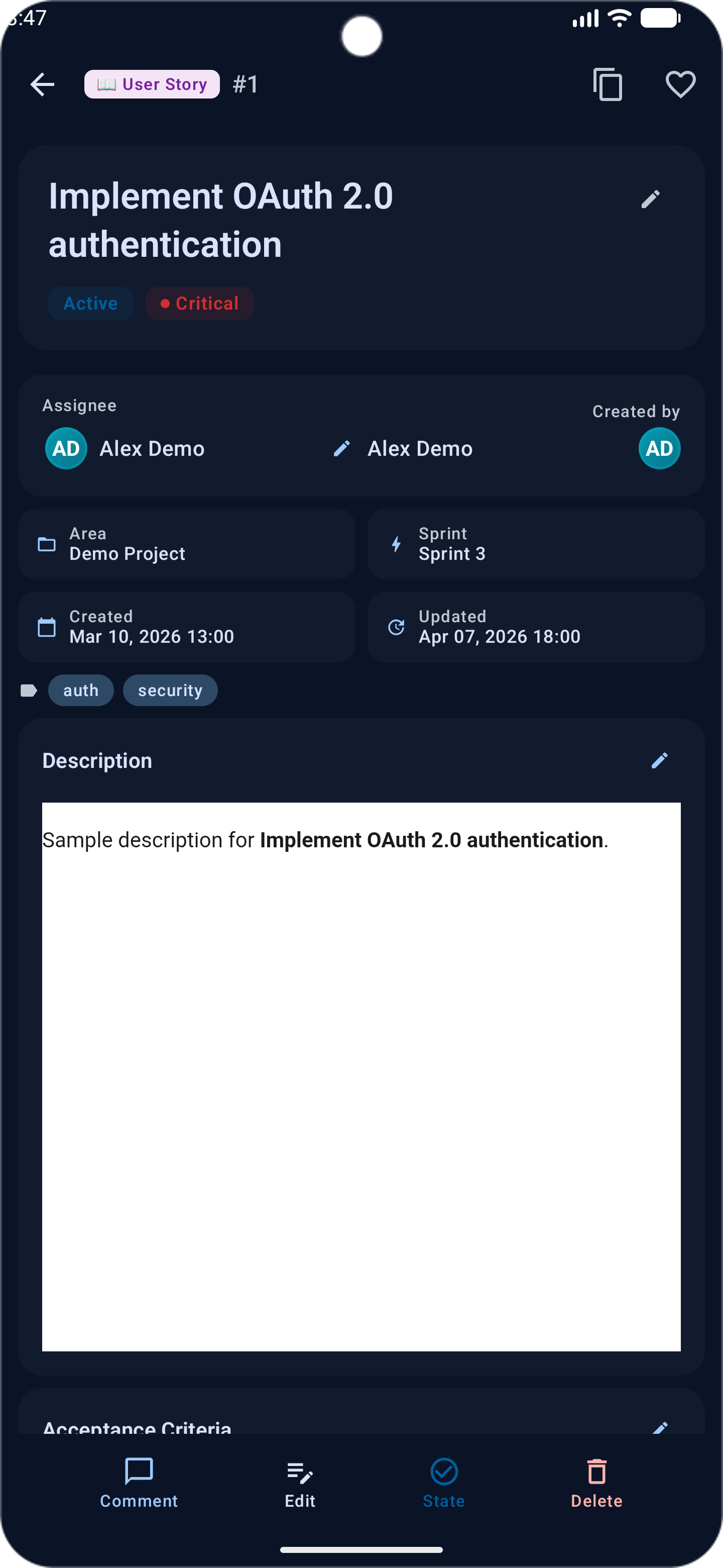 DevFlow Azure DevOps Android app — Work Item detail with comments