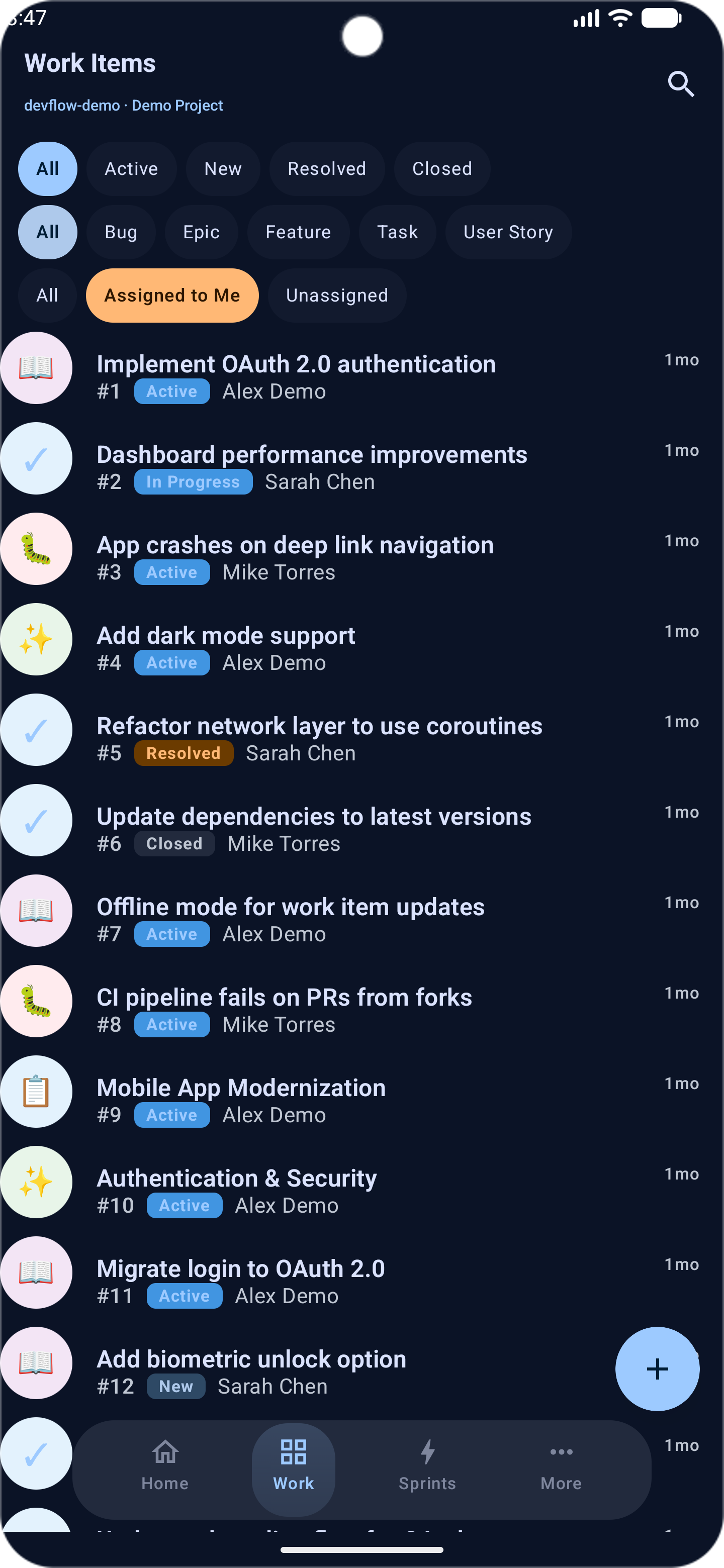 DevFlow Azure DevOps Android app — Work Items screen
